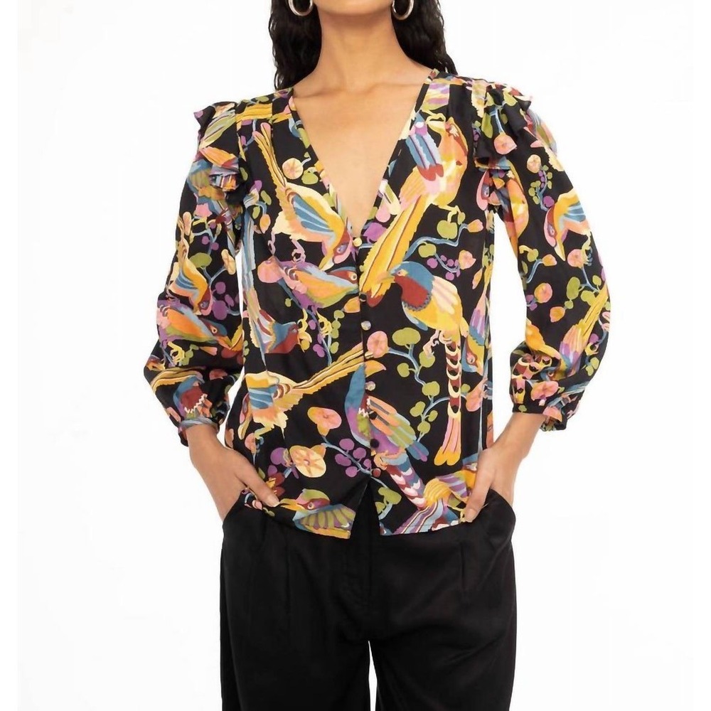Anthropologie Elise Top in Jet‎ Black Tropical Bird Print Ruffle V-Neck Blouse